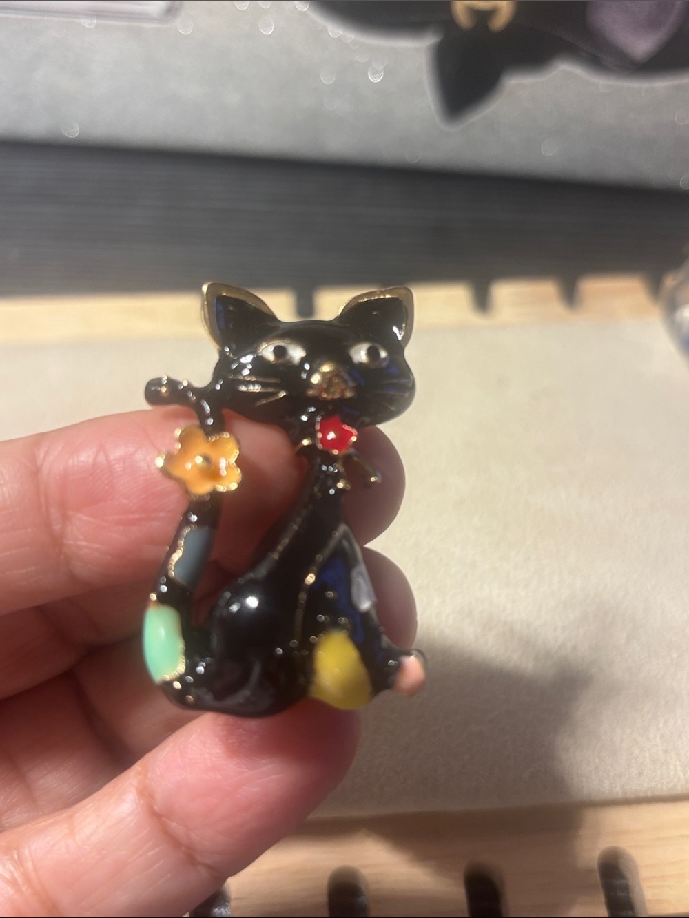 Black Cat Enamel Pin with Colorful Accents